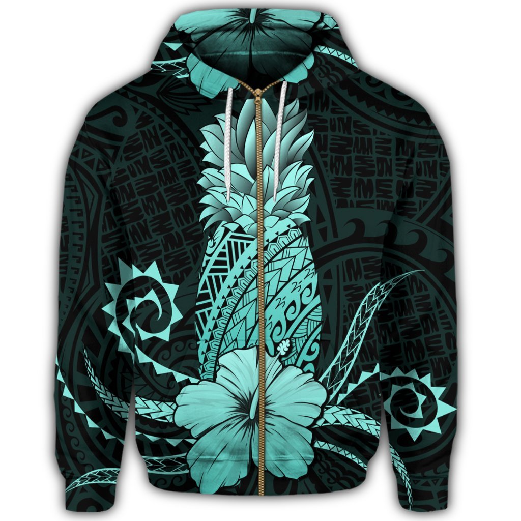 Hawaii Polynesian Zip Hoodie Pineapple Hibiscus Turquoise - Polynesian Pride