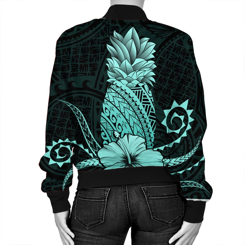 Hawaii Polynesian Pineapple Hibiscus Bomber Jacket - Turquoise - AH - Polynesian Pride
