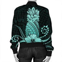 Hawaii Polynesian Pineapple Hibiscus Bomber Jacket - Turquoise - AH - Polynesian Pride