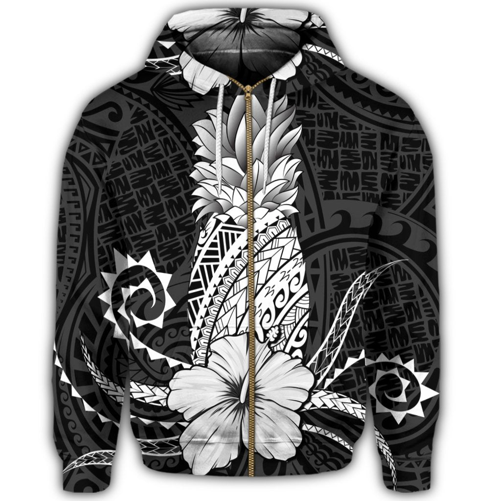 Hawaii Polynesian Zip Hoodie Pineapple Hibiscus White - Polynesian Pride