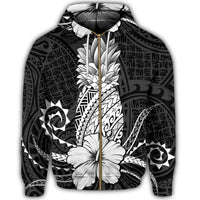 Hawaii Polynesian Zip Hoodie Pineapple Hibiscus White - Polynesian Pride