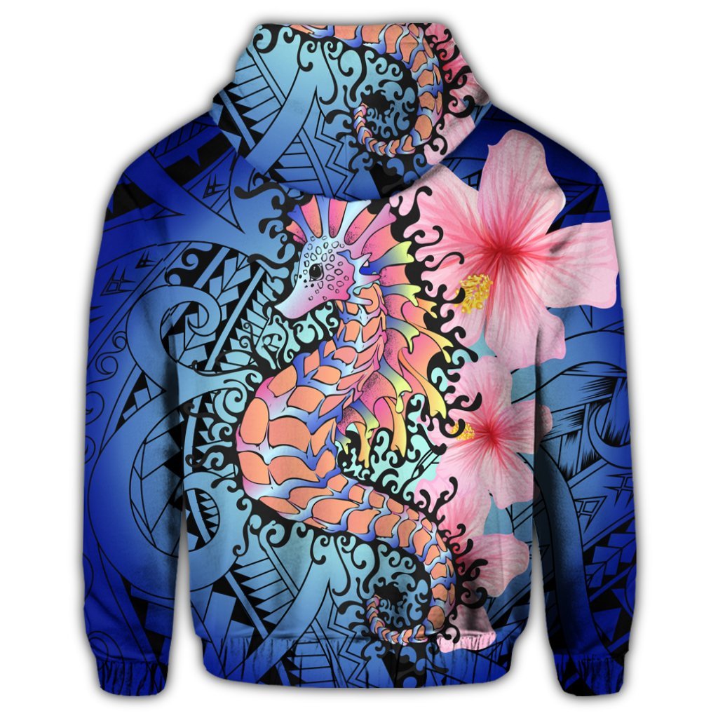 Hawaii Polynesian Pink Hibiscus Seahorse Zip Hoodie - Polynesian Pride