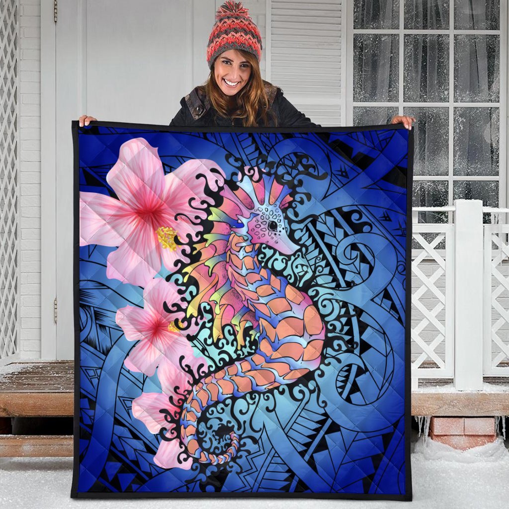 Hawaii Polynesian Pink Hibiscus Seahorse Premium Quilts - AH - Polynesian Pride