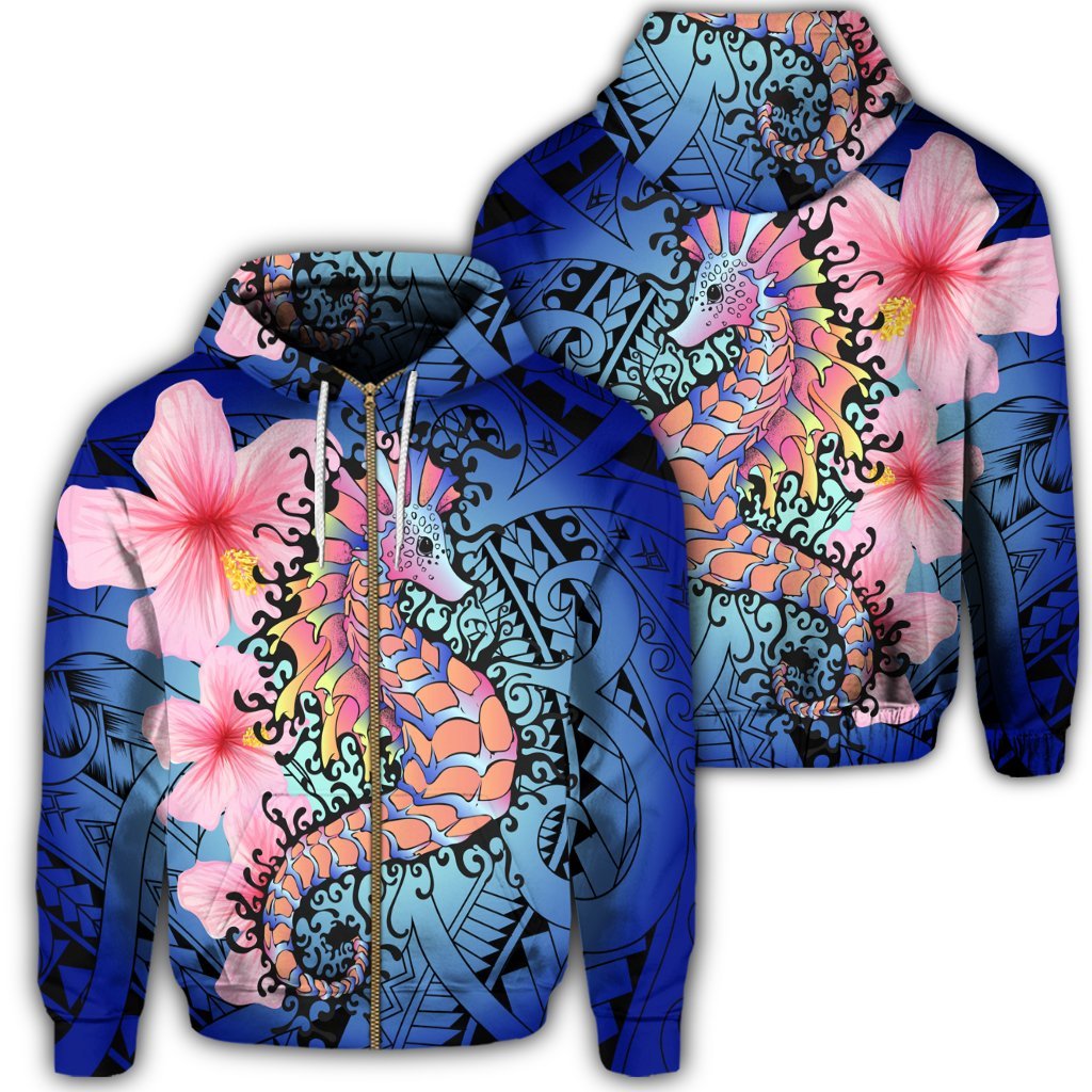 Hawaii Polynesian Pink Hibiscus Seahorse Zip Hoodie Unisex Art - Polynesian Pride