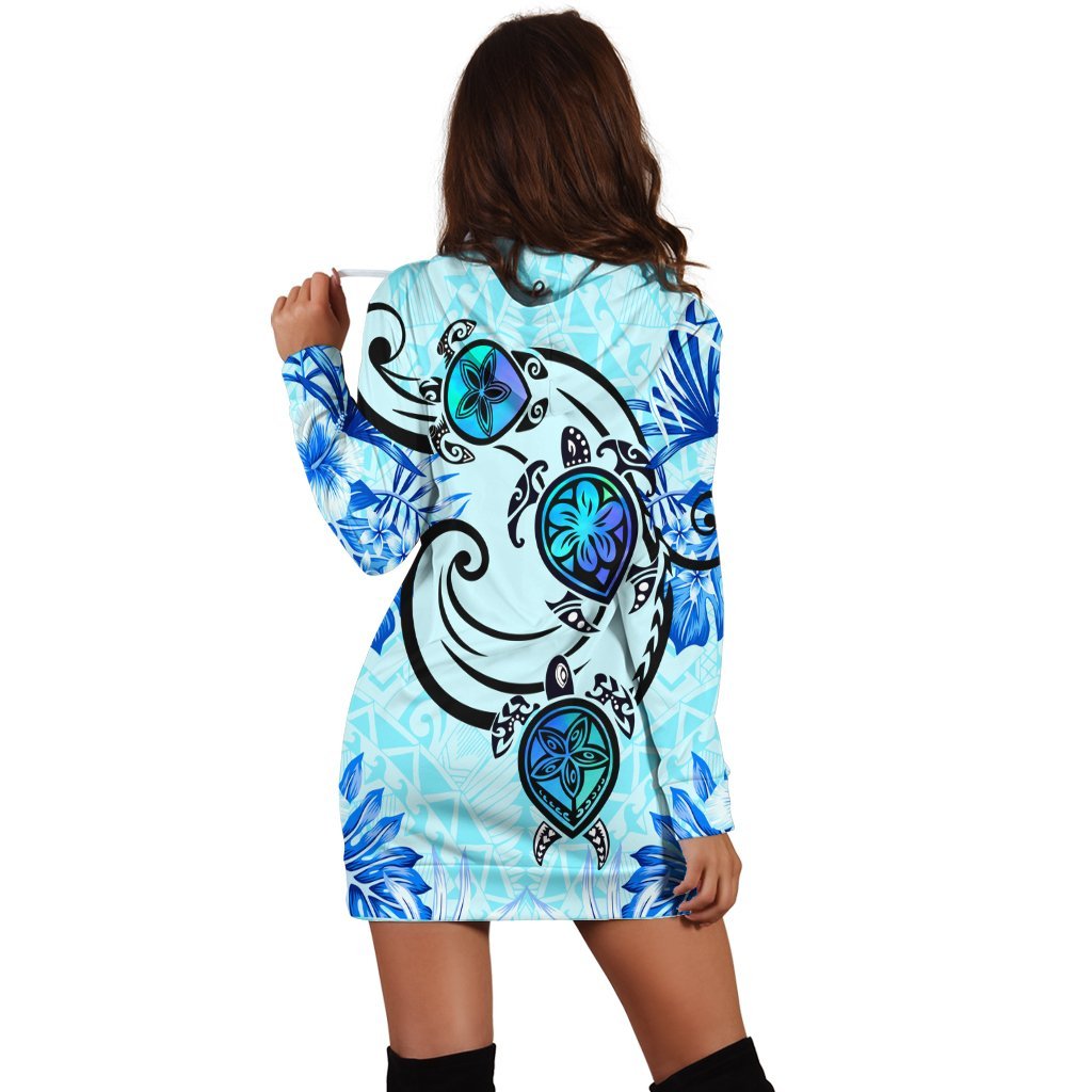 Hawaii Polynesian Plumeria Hibiscus Turtle Hoodie Dress - AH - Jack Style - Blue - Polynesian Pride