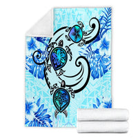 Hawaii Polynesian Plumeria Hibiscus Turtle Premium Blankets - AH - Jack Style - Blue - Polynesian Pride