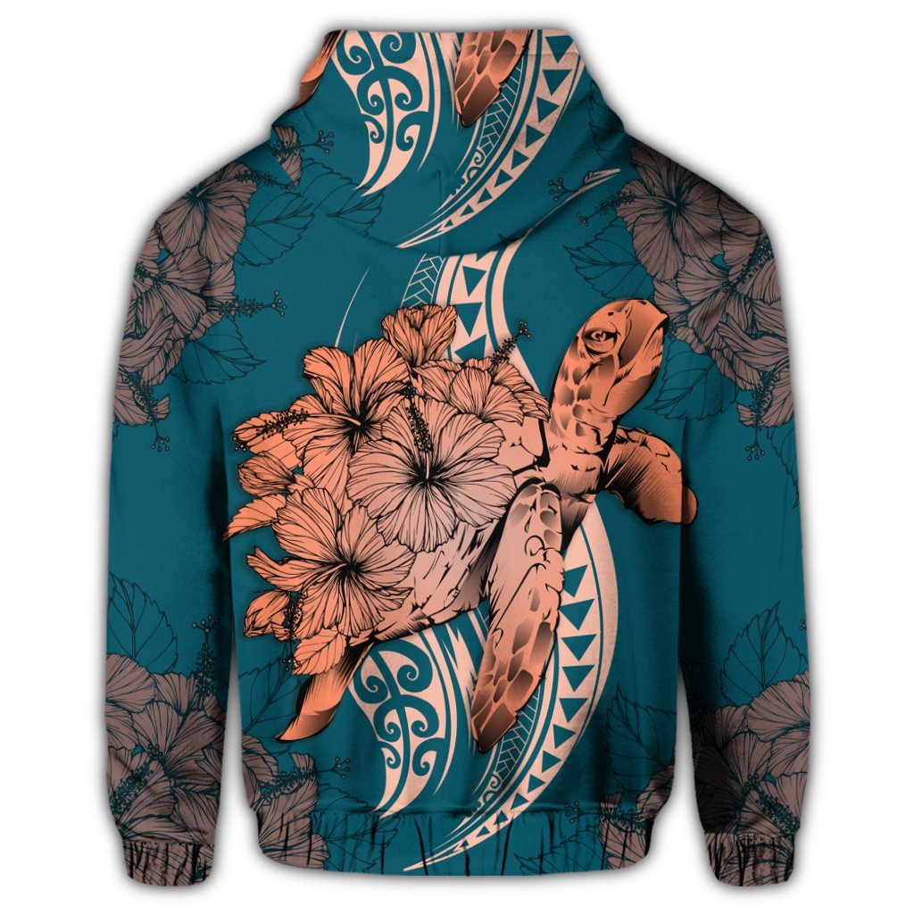 Hawaii Zip Hoodie Polynesian Turtle with Hibiscus - Polynesian Pride