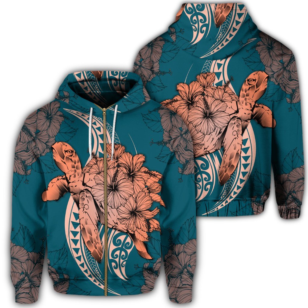 Hawaii Zip Hoodie Polynesian Turtle with Hibiscus Unisex Art - Polynesian Pride