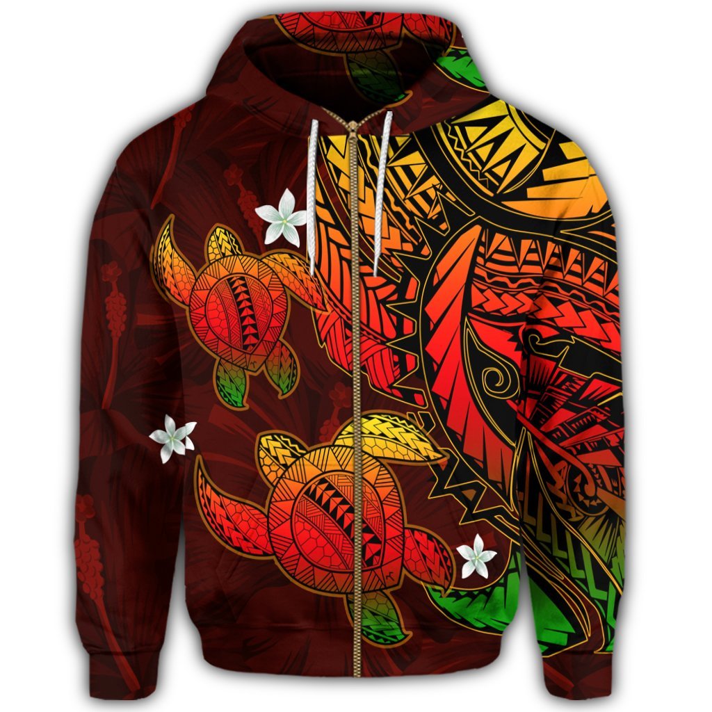 Hawaii Zip Hoodie Polynesian Turtle with Hibiscus Color Flag - Polynesian Pride