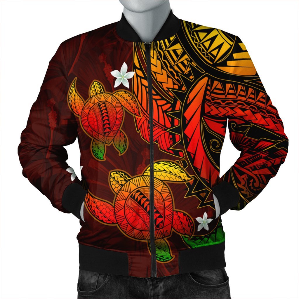 Hawaii Polynesian Turtle Hibiscus Bomber Jacket - Color Flag - AH Black Unisex - Polynesian Pride