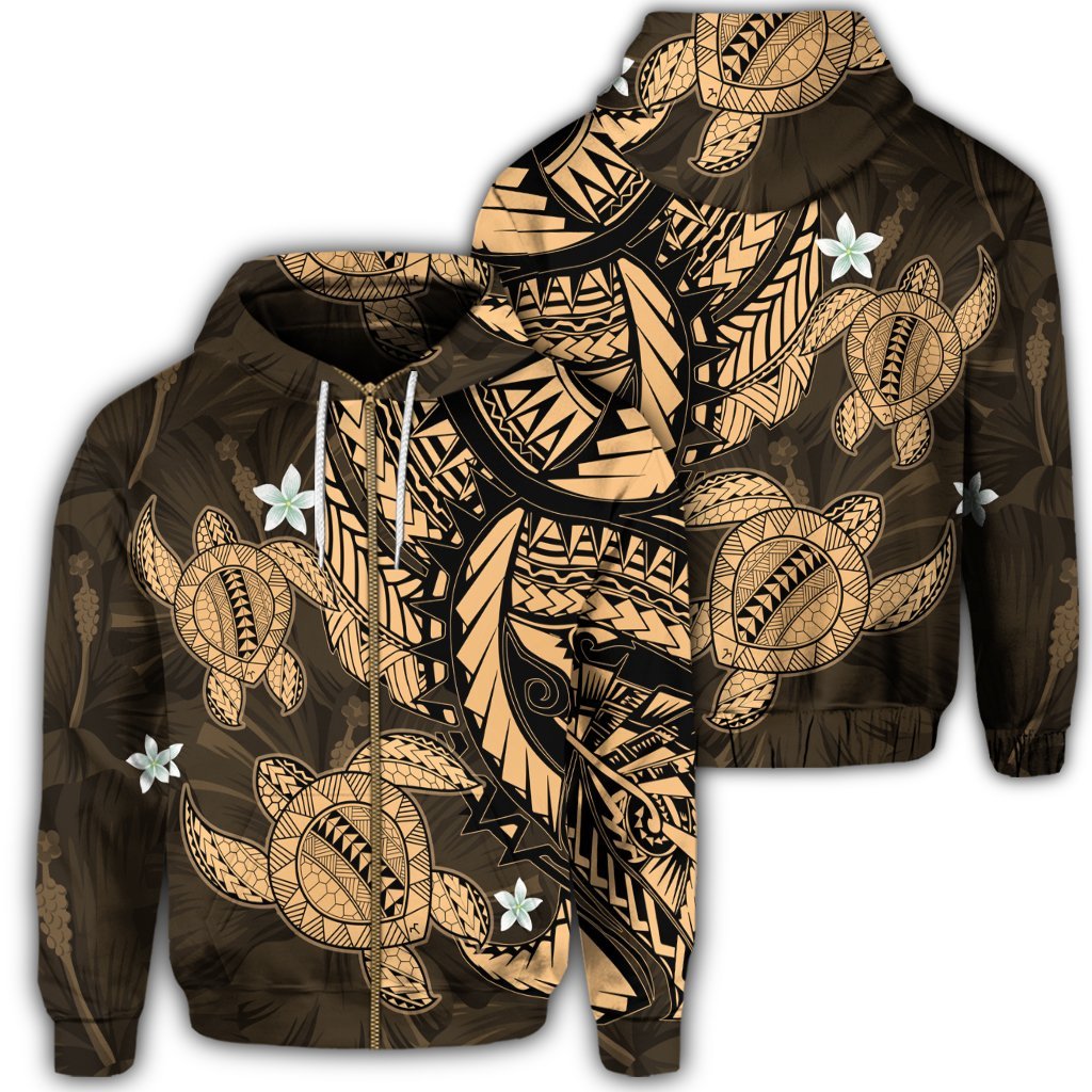 Hawaii Zip Hoodie Polynesian Turtle with Hibiscus Gold Unisex Art - Polynesian Pride