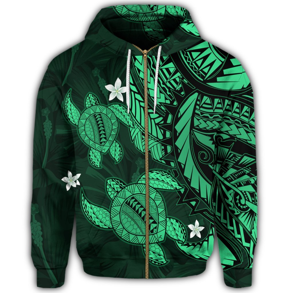 Hawaii Zip Hoodie Polynesian Turtle with Hibiscus Green - Polynesian Pride