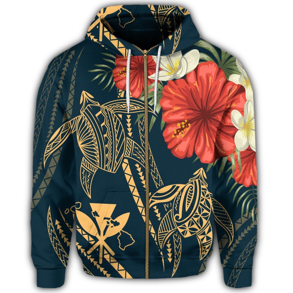 Hawaii Zip Hoodie Polynesian Turtle with Hibiscus Nolan Style - Polynesian Pride