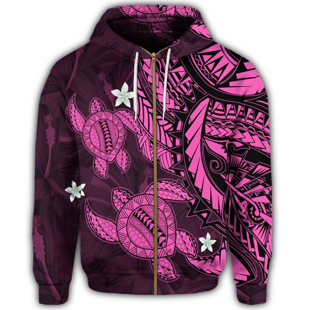 Hawaii Zip Hoodie Polynesian Turtle with Hibiscus Pink - Polynesian Pride