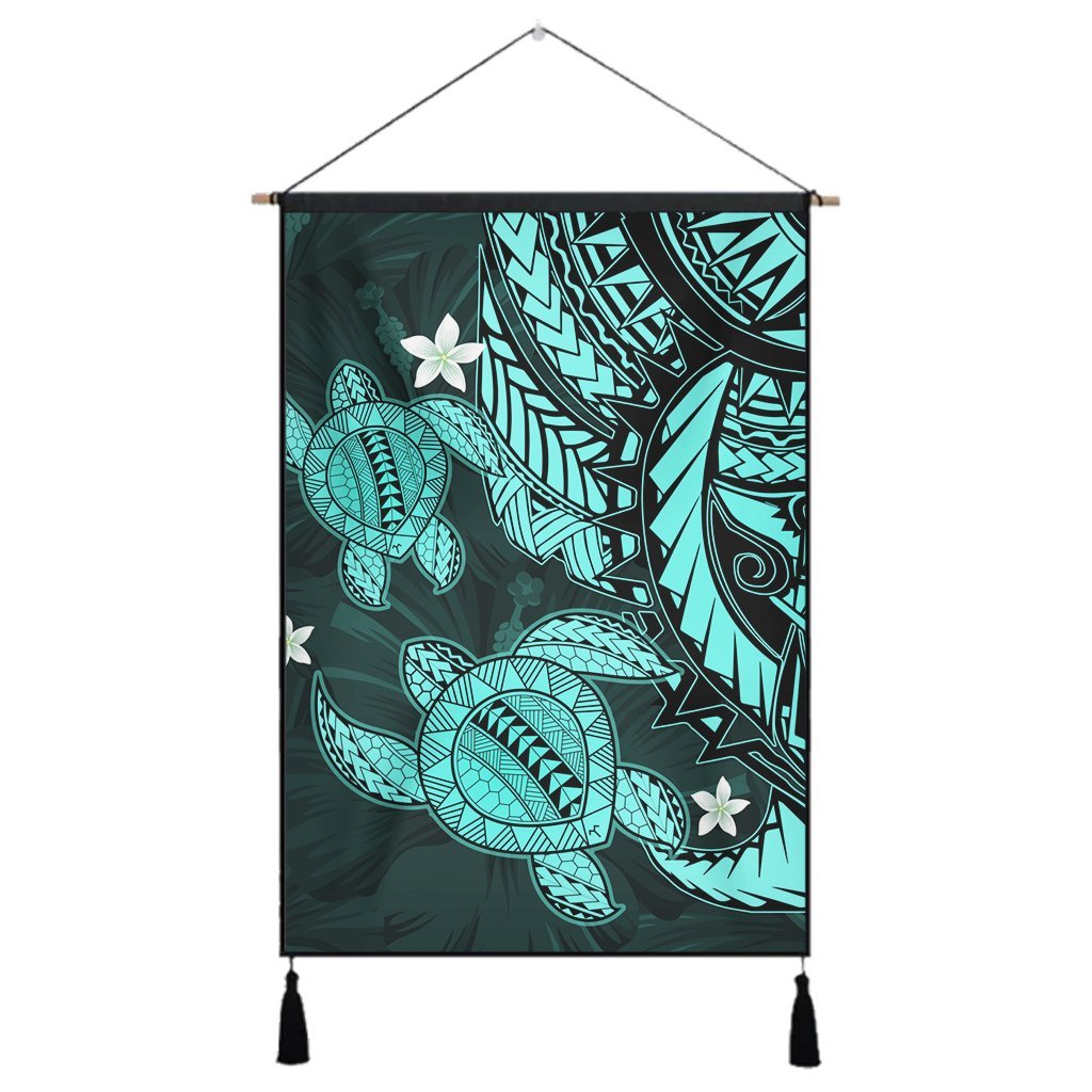 Hawaii Polynesian Turtle Hibiscus Hanging Poster - Turquoise - AH Hanging Poster Cotton And Linen - Polynesian Pride