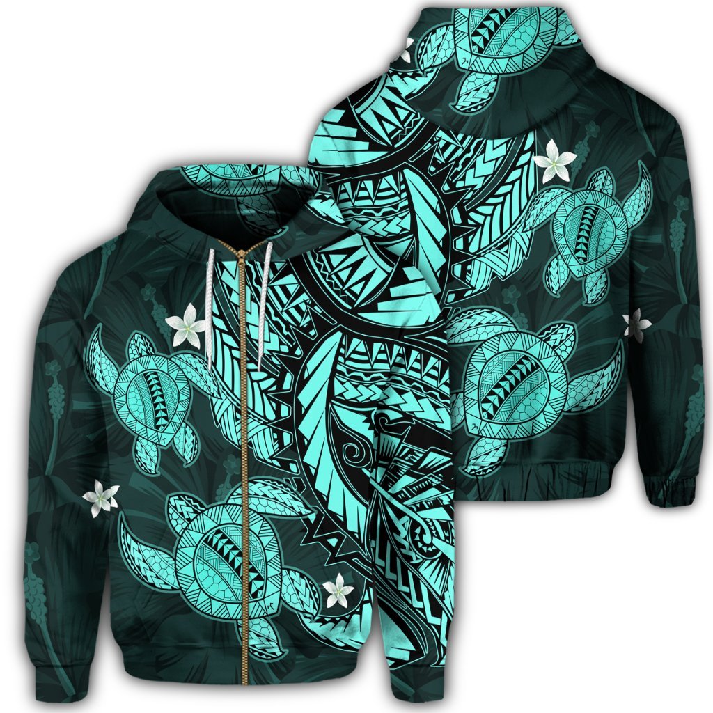Hawaii Zip Hoodie Polynesian Turtle with Hibiscus Turquoise Unisex Art - Polynesian Pride