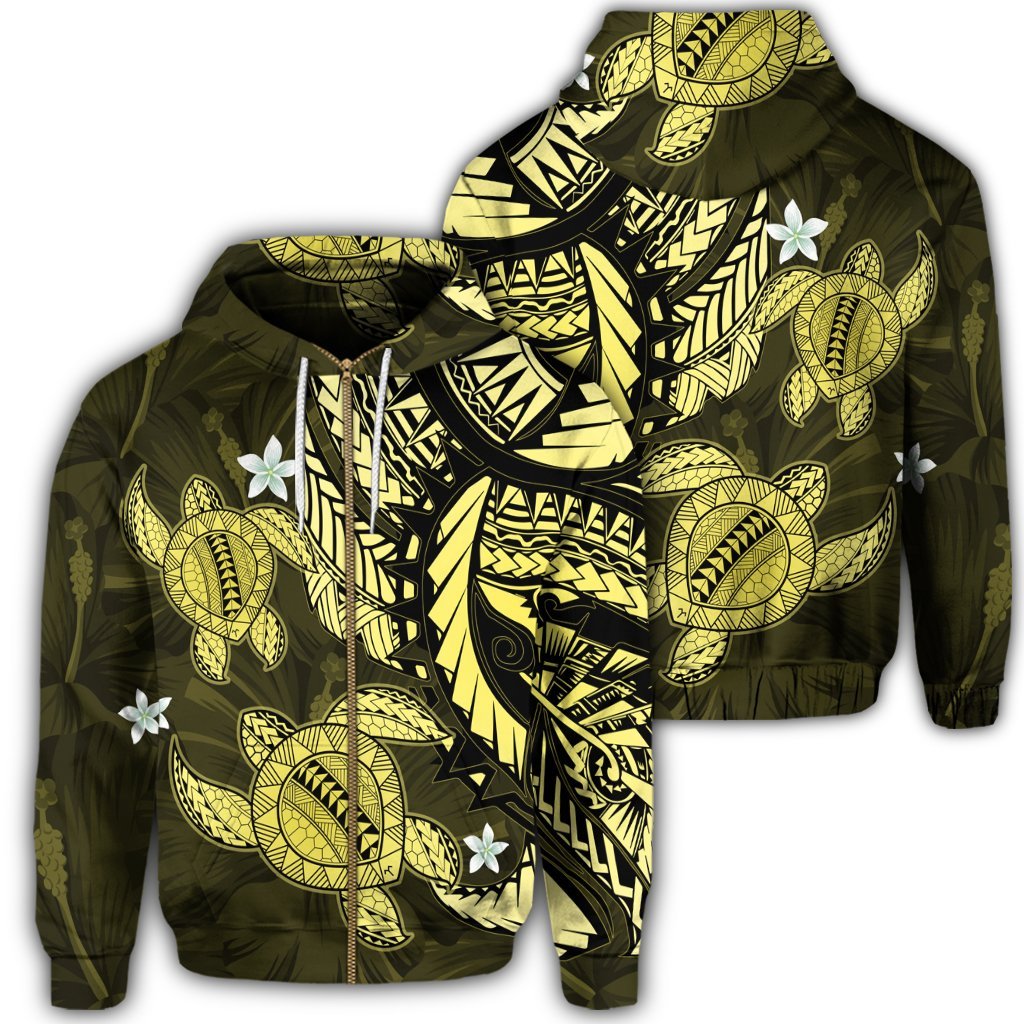 Hawaii Zip Hoodie Polynesian Turtle with Hibiscus Yelow Unisex Art - Polynesian Pride