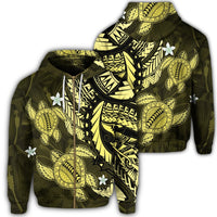 Hawaii Zip Hoodie Polynesian Turtle with Hibiscus Yelow Unisex Art - Polynesian Pride