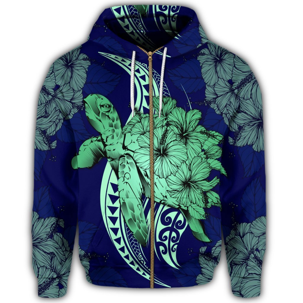 Hawaii Zip Hoodie Polynesian Turtle with Hibiscus - Polynesian Pride