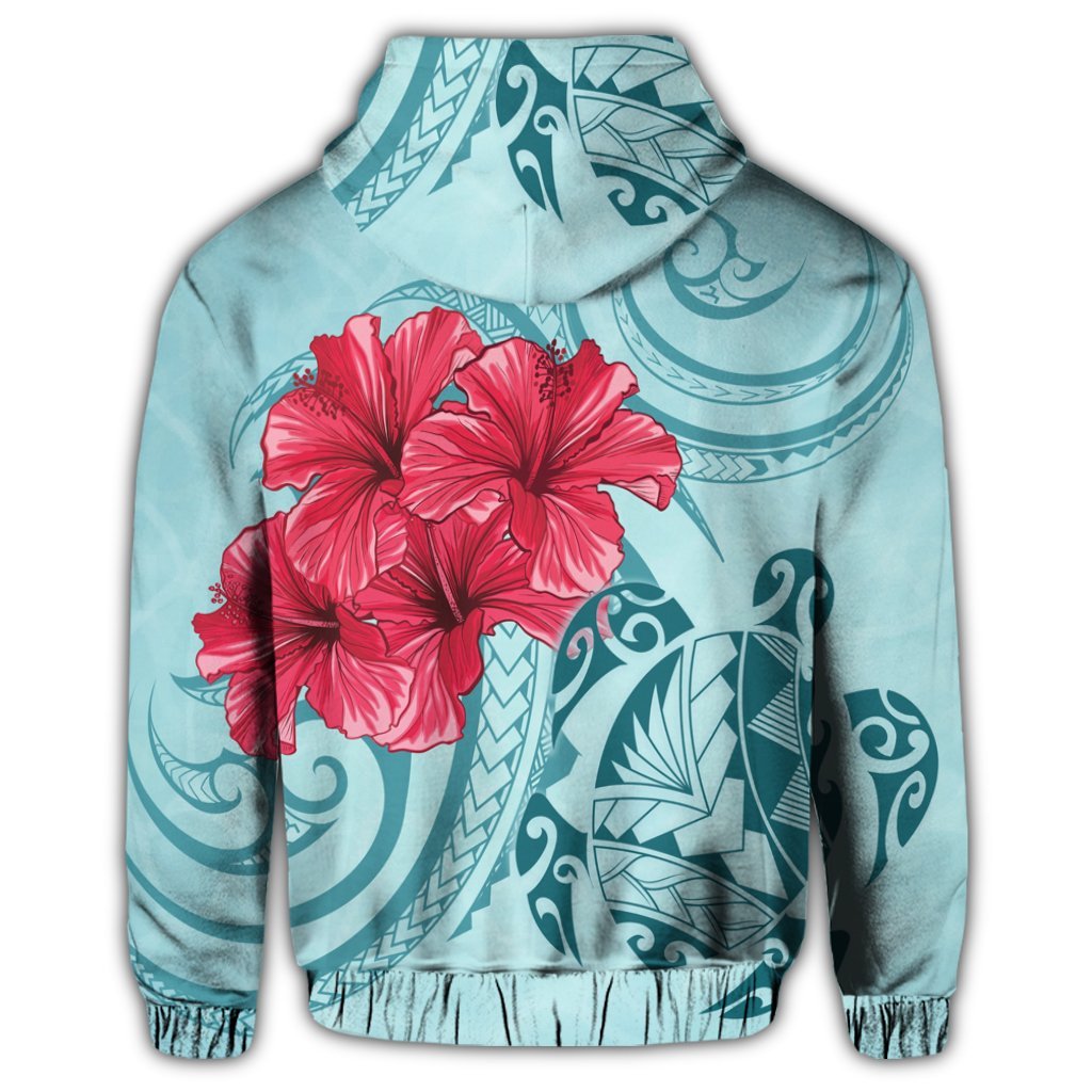 Hawaii Zip Hoodie Polynesian Turtle with Hibiscus Blue Bless Style - Polynesian Pride