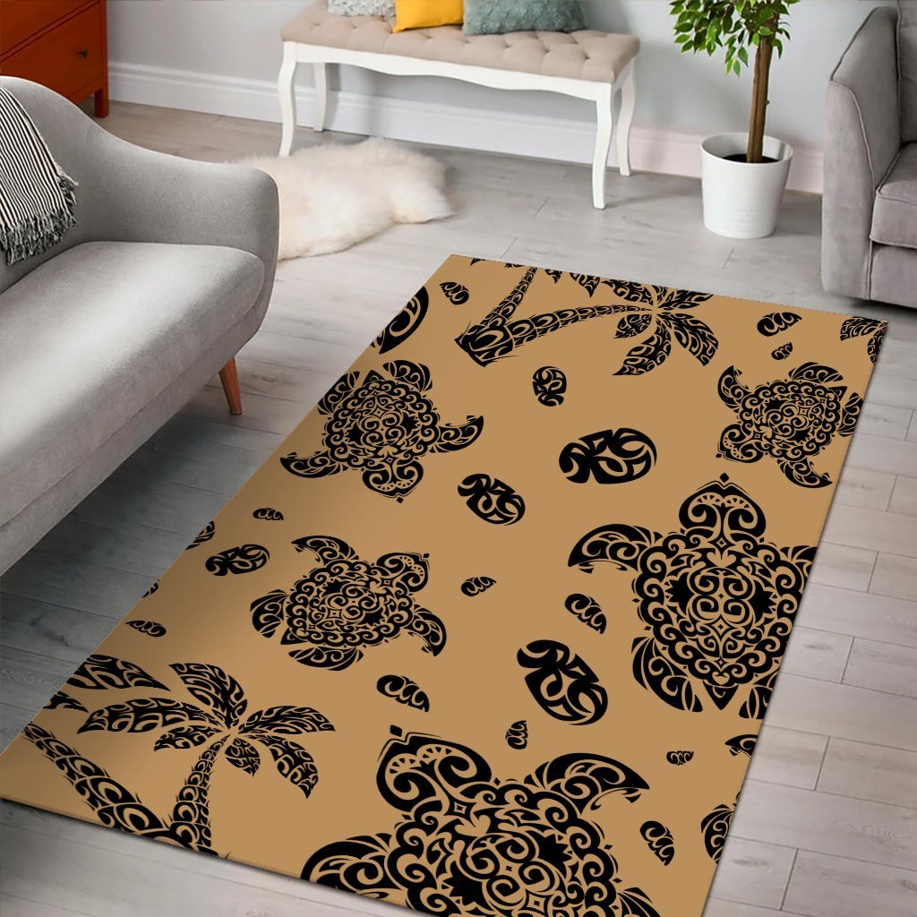 Hawaii Polynesian Turtle Palm And Sea Pebbles Gold Area Rug - AH - Polynesian Pride