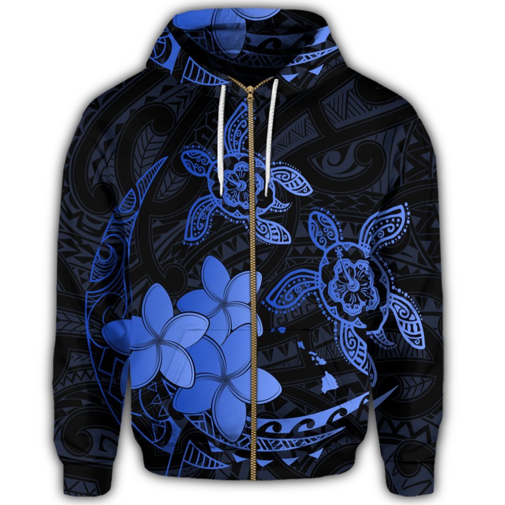 Hawaii Zip Hoodie Polynesian Turtle with Plumeria Pog Style Blue - Polynesian Pride