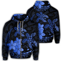 Hawaii Zip Hoodie Polynesian Turtle with Plumeria Pog Style Blue Unisex Art - Polynesian Pride