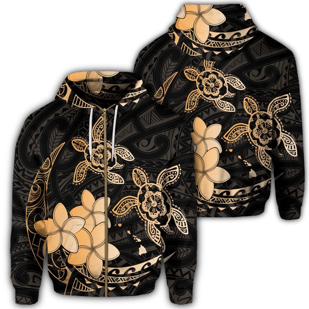 Hawaii Zip Hoodie Polynesian Turtle with Plumeria Pog Style Gold Unisex Art - Polynesian Pride