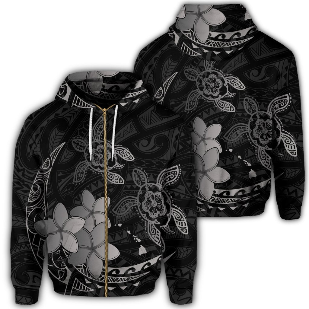 Hawaii Zip Hoodie Polynesian Turtle with Plumeria Pog Style Gray Unisex Art - Polynesian Pride