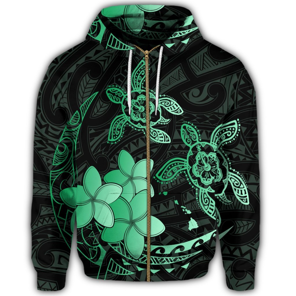 Hawaii Zip Hoodie Polynesian Turtle with Plumeria Pog Style Green - Polynesian Pride