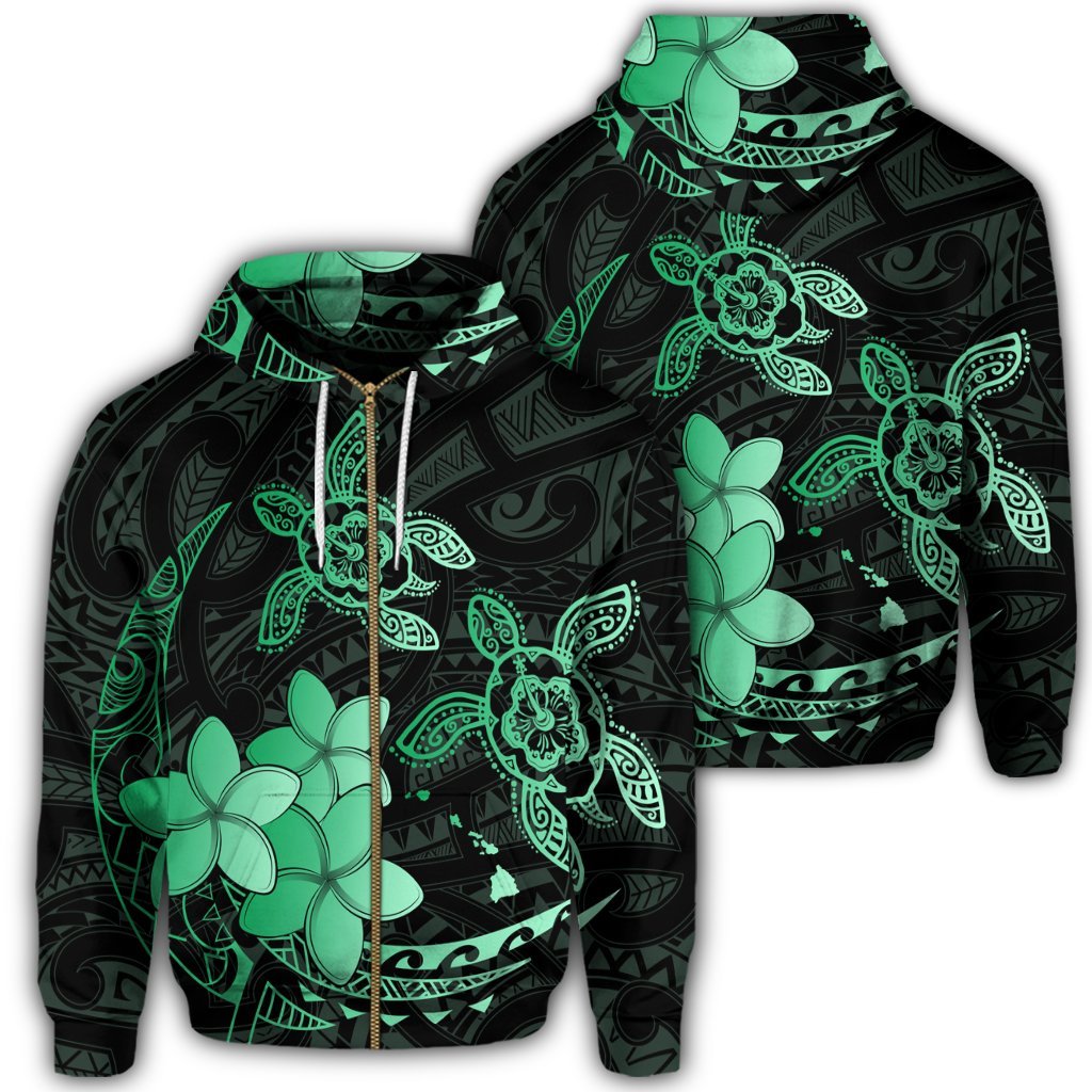 Hawaii Zip Hoodie Polynesian Turtle with Plumeria Pog Style Green Unisex Art - Polynesian Pride