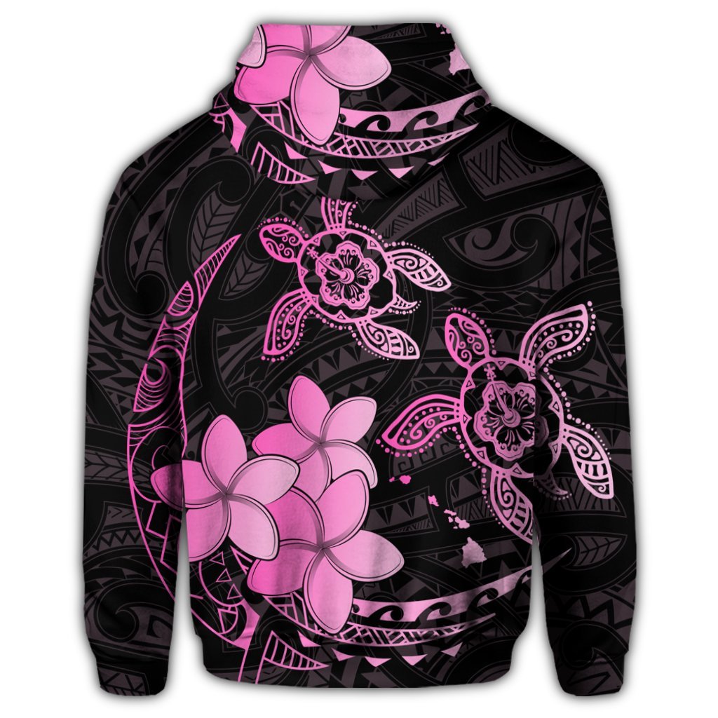 Hawaii Zip Hoodie Polynesian Turtle with Plumeria Pog Style Pink - Polynesian Pride
