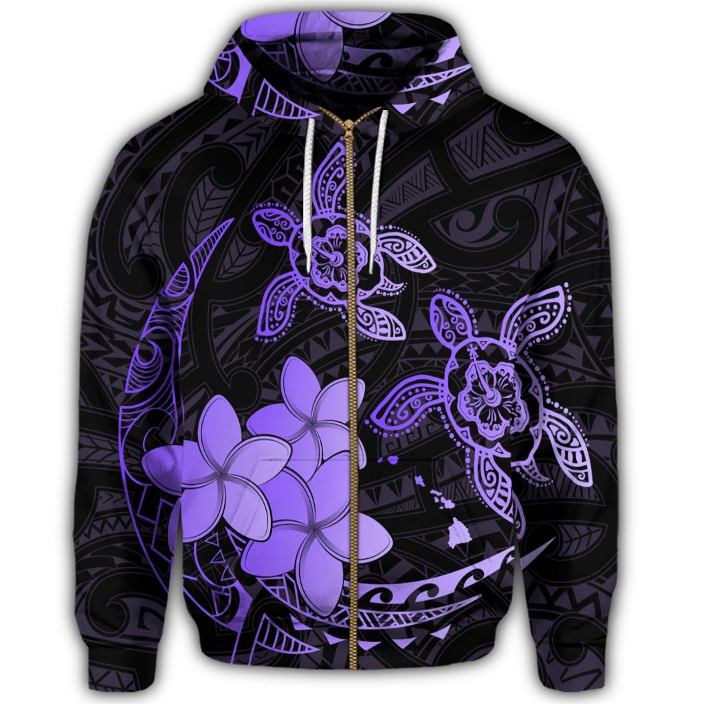 Hawaii Zip Hoodie Polynesian Turtle with Plumeria Pog Style Purple - Polynesian Pride