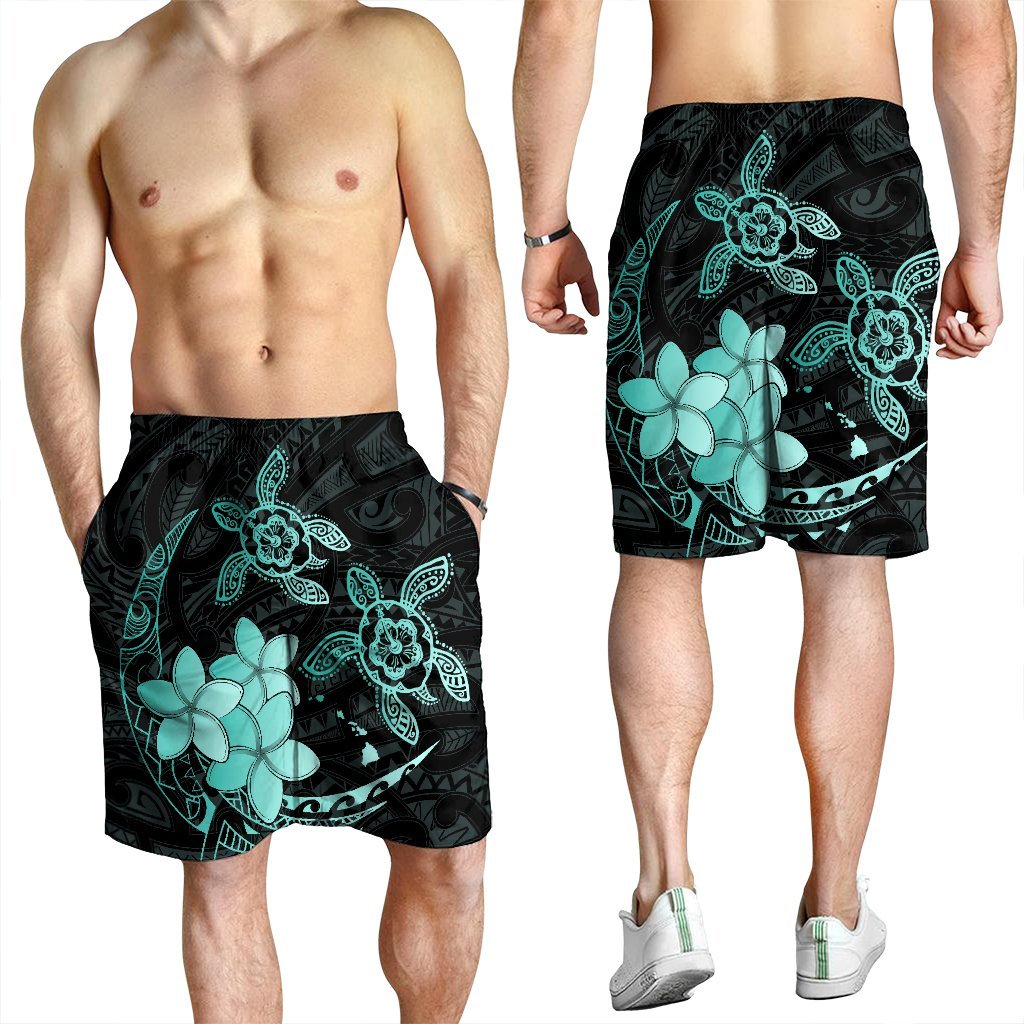 Hawaii Polynesian Turtle Plumeria Men's Shorts - Pog Style Turquoise - AH - Polynesian Pride