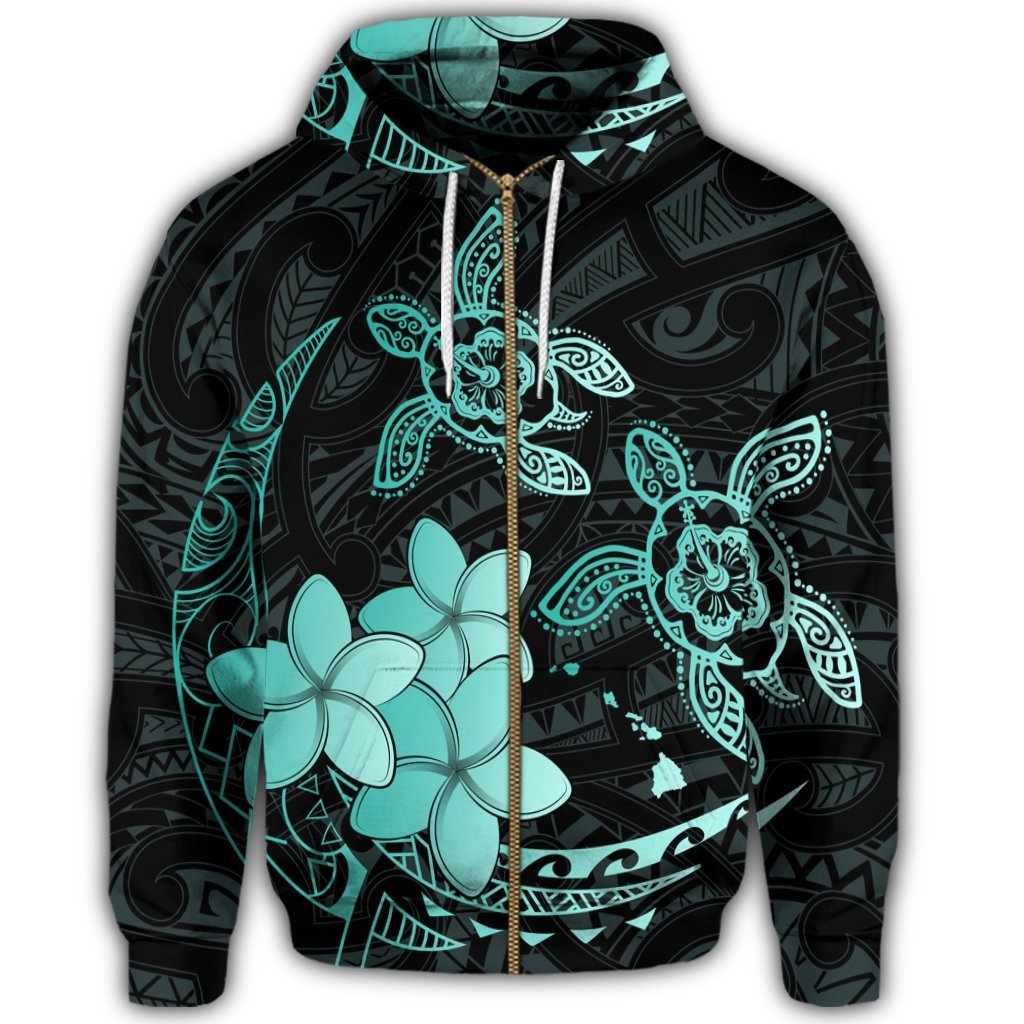 Hawaii Zip Hoodie Polynesian Turtle with Plumeria Pog Style Turquoise - Polynesian Pride