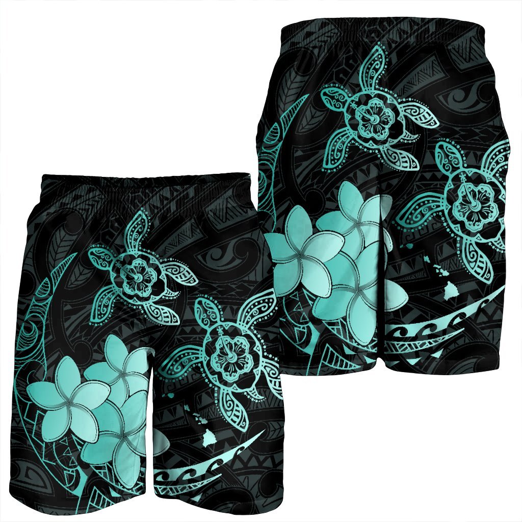 Hawaii Polynesian Turtle Plumeria Men's Shorts - Pog Style Turquoise - AH - Polynesian Pride