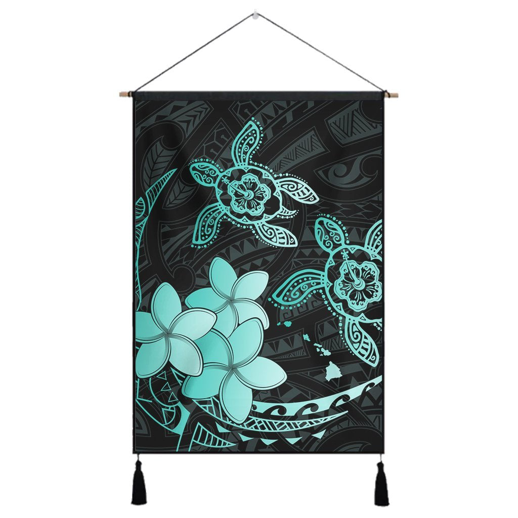 Hawaii Polynesian Turtle Plumeria Hanging Poster - Pog Style Turquoise - AH Hanging Poster Cotton And Linen - Polynesian Pride
