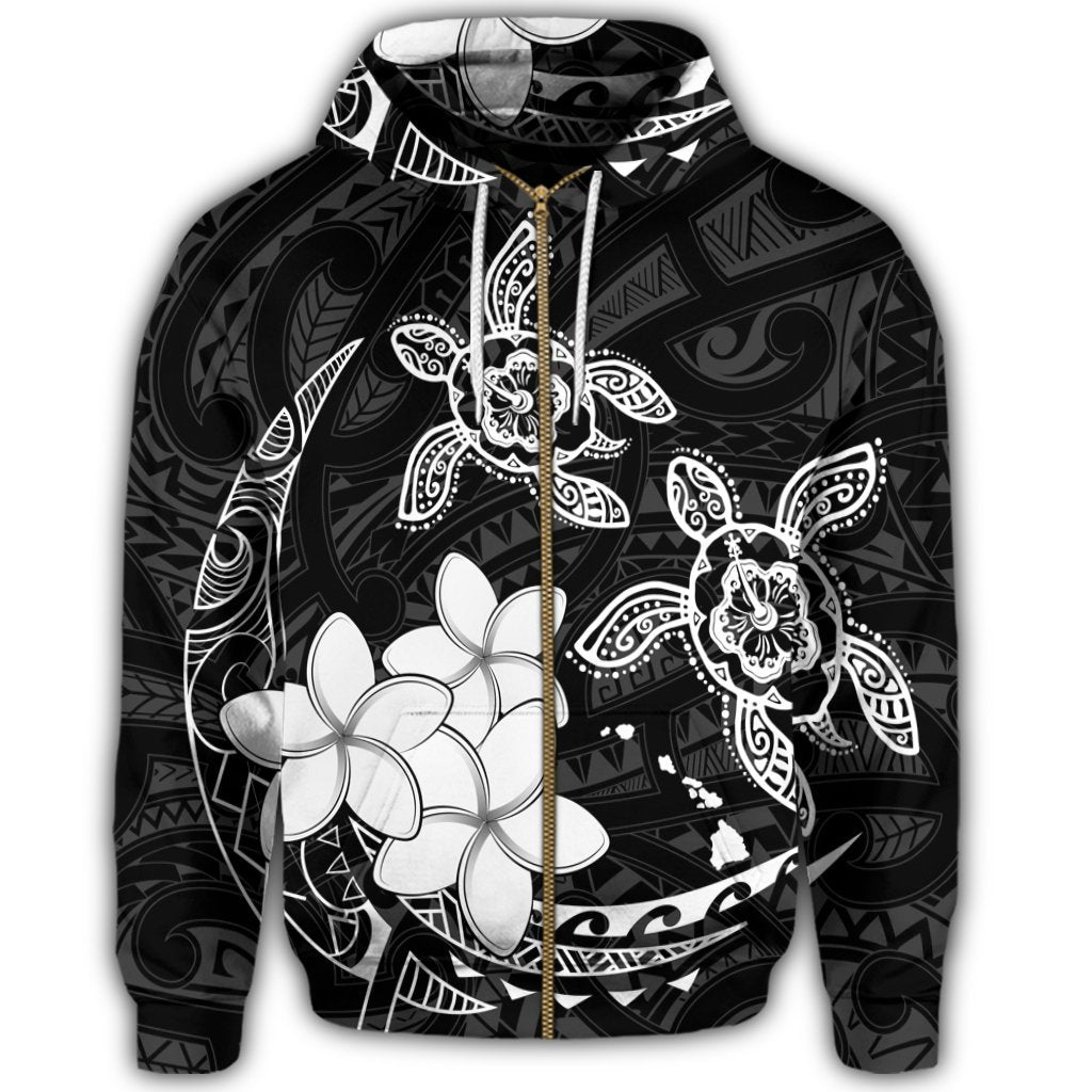 Hawaii Zip Hoodie Polynesian Turtle with Plumeria Pog Style White - Polynesian Pride