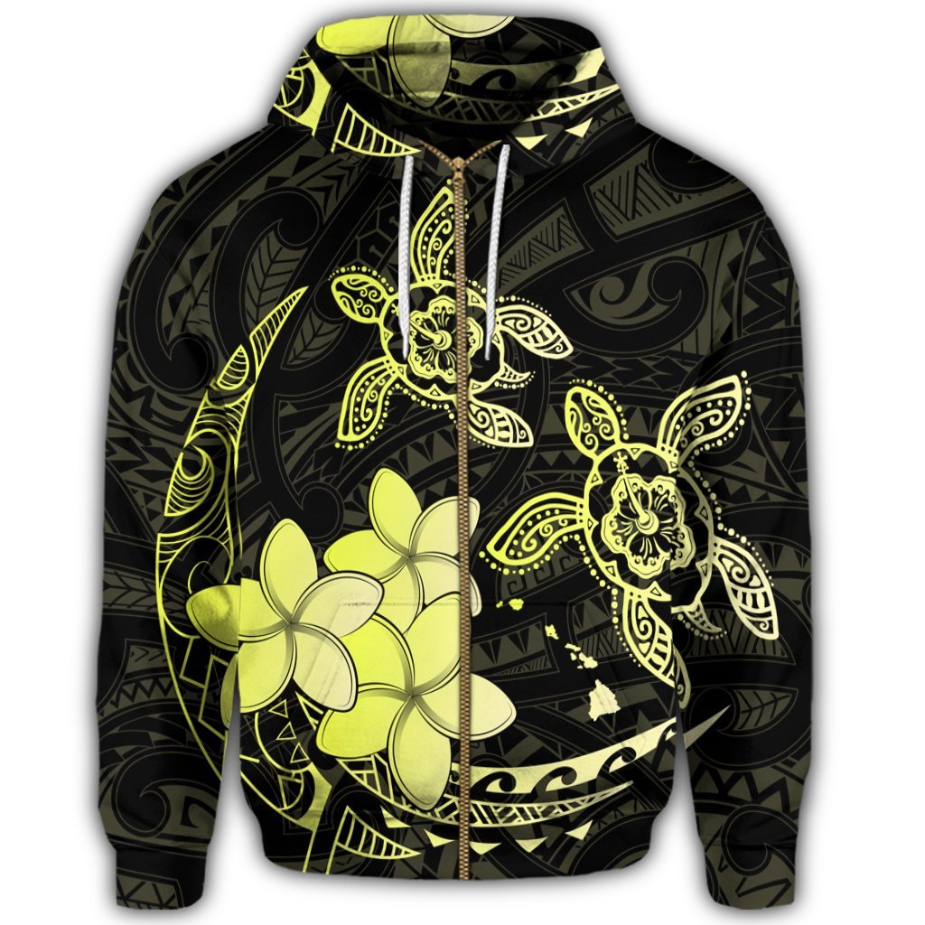 Hawaii Zip Hoodie Polynesian Turtle with Plumeria Pog Style Yellow - Polynesian Pride