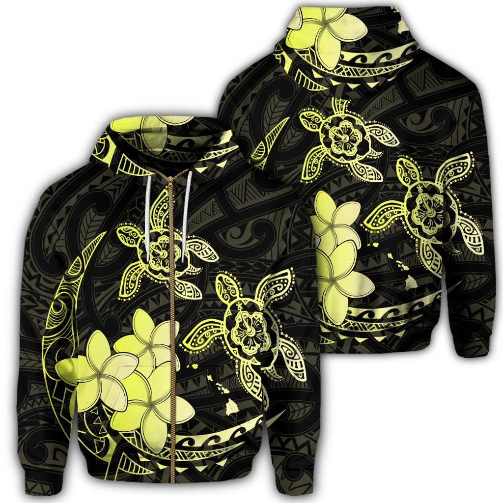 Hawaii Zip Hoodie Polynesian Turtle with Plumeria Pog Style Yellow Unisex Art - Polynesian Pride