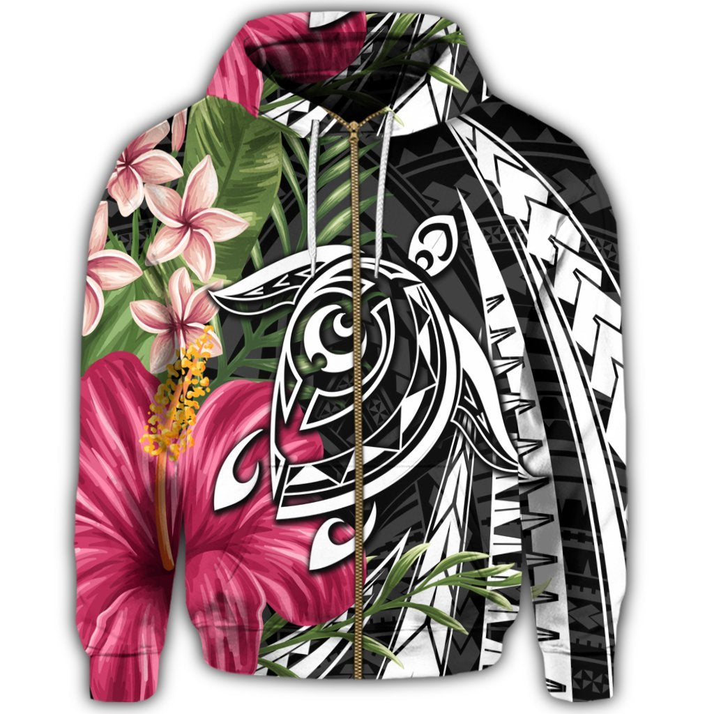 Hawaii Zip Hoodie Polynesian Turtle Tropical Hibiscus Plumeria - Polynesian Pride