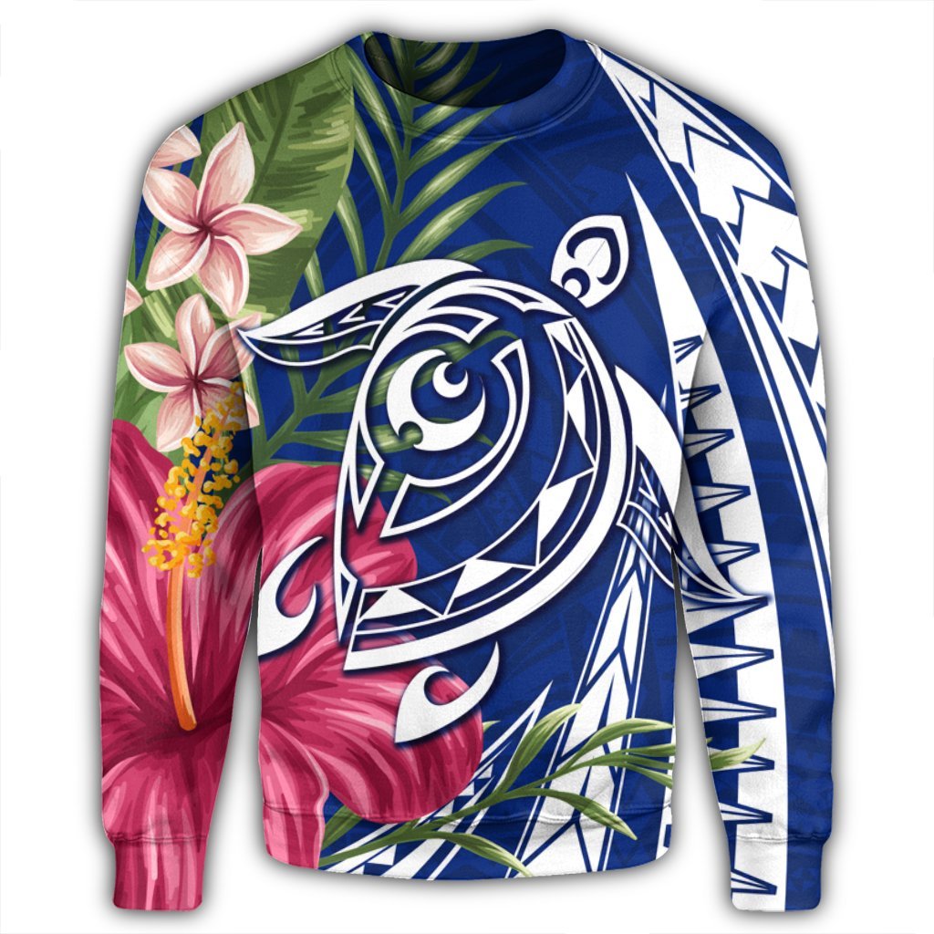 Hawaii Polynesian Turtle Tropical Hibiscus Plumeria Sweatshirt - Blue - AH - Polynesian Pride