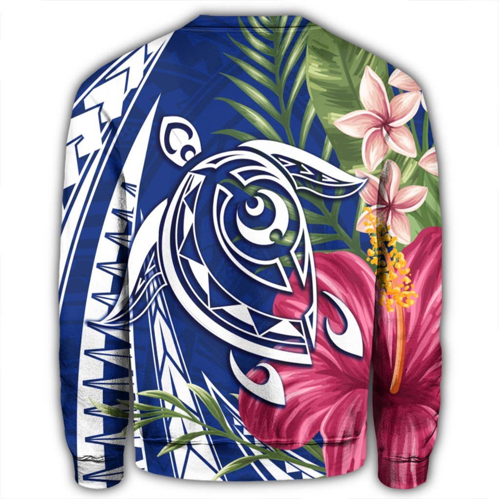 Hawaii Polynesian Turtle Tropical Hibiscus Plumeria Sweatshirt - Blue - AH - Polynesian Pride