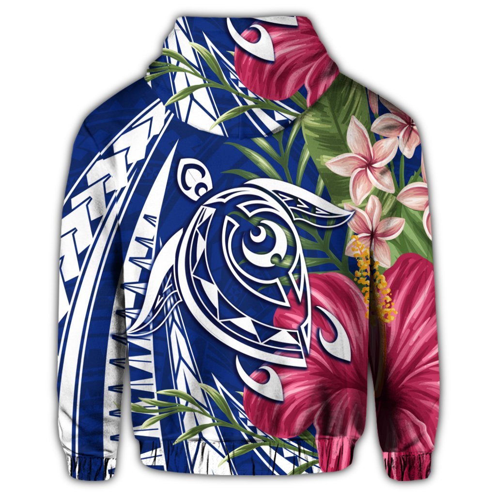Hawaii Zip Hoodie Polynesian Turtle Tropical Hibiscus Plumeria Blue - Polynesian Pride