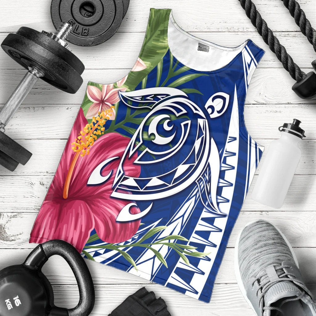 Hawaii Polynesian Turtle Tropical Hibiscus Plumeria Tank Top - Blue - AH - Polynesian Pride