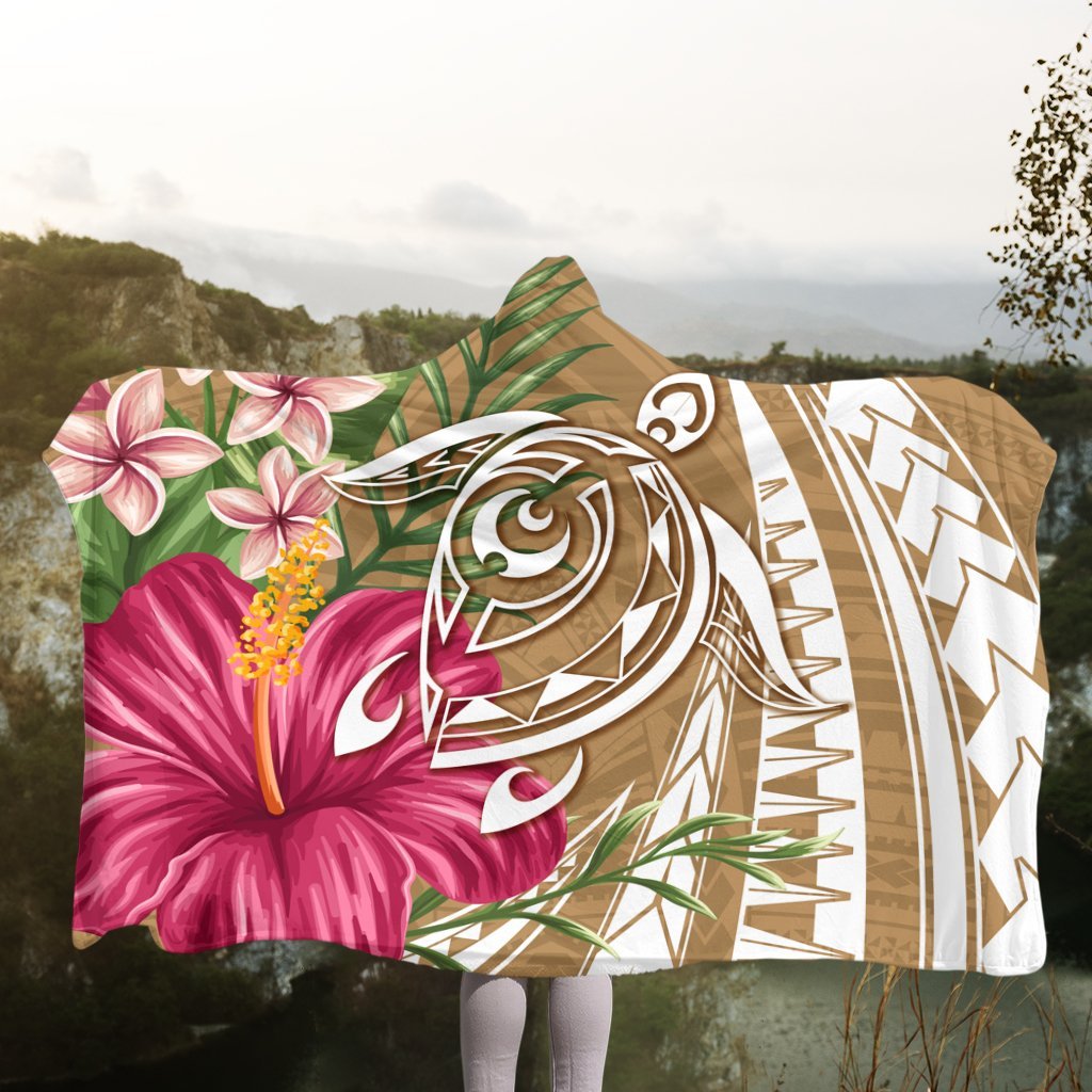 Hawaii Polynesian Turtle Tropical Hibiscus Plumeria Hooded Blanket - Gold - AH - Polynesian Pride