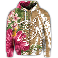 Hawaii Zip Hoodie Polynesian Turtle Tropical Hibiscus Plumeria Gold - Polynesian Pride