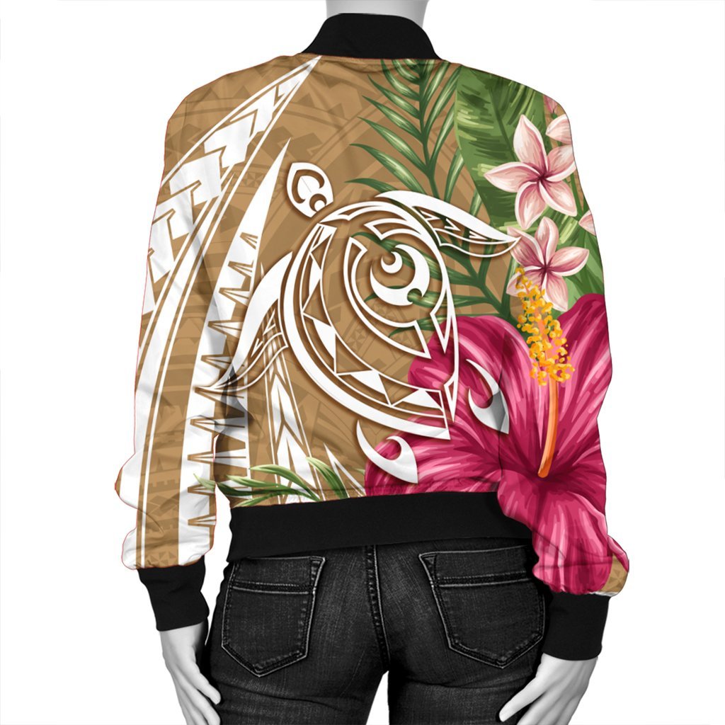 Hawaii Polynesian Turtle Tropical Hibiscus Plumeria Bomber Jacket - Gold - AH - Polynesian Pride