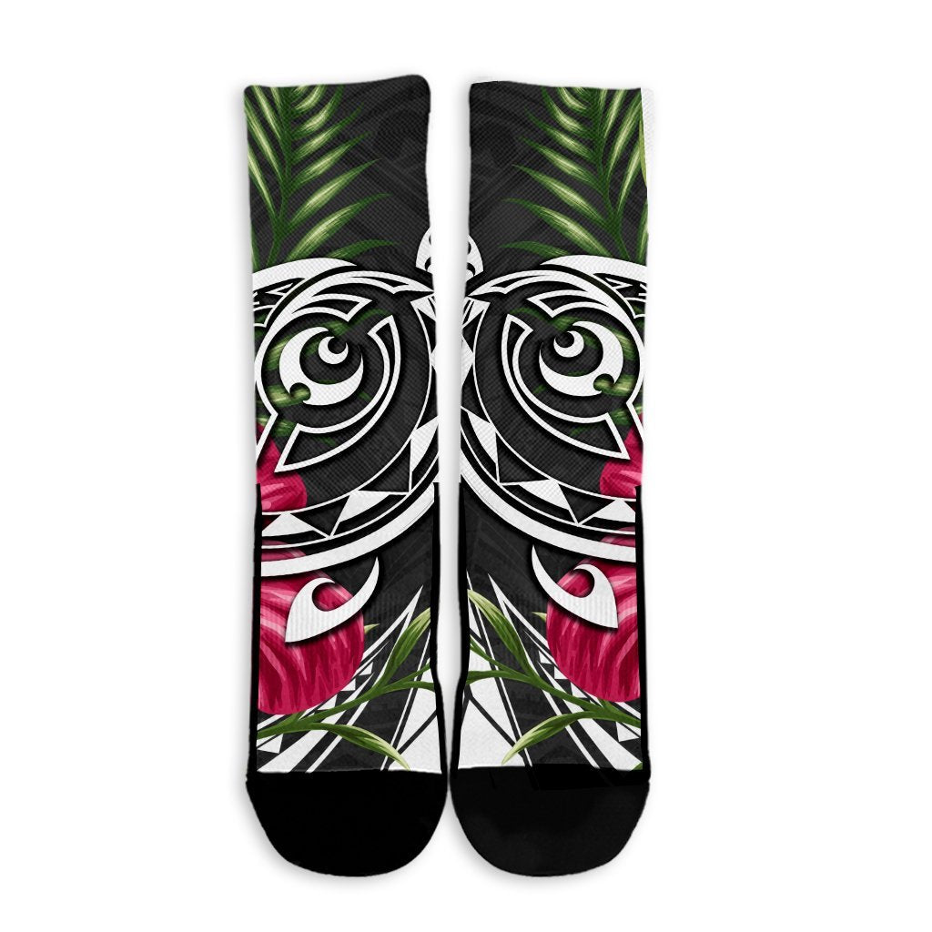 Hawaii Polynesian Turtle Tropical Hibiscus Plumeria Crew Socks - Gray - AH - Polynesian Pride