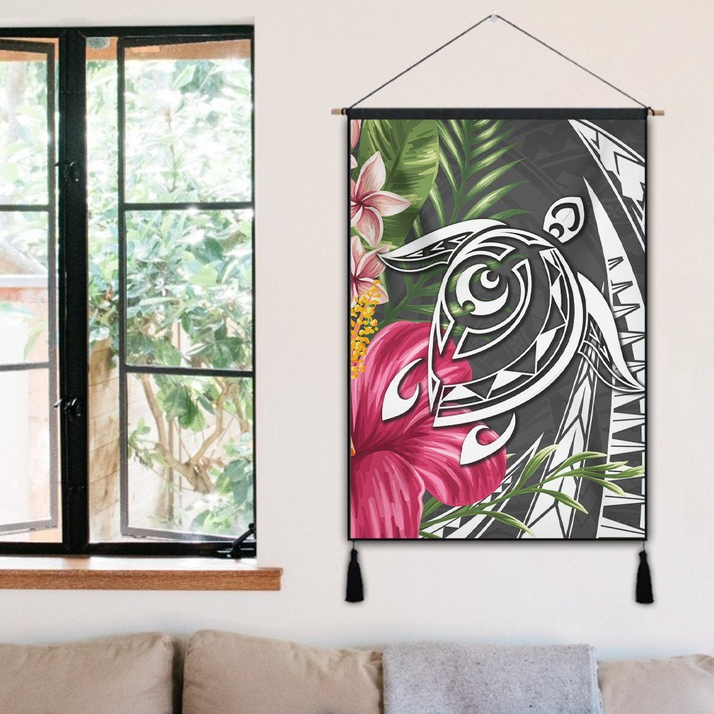 Hawaii Polynesian Turtle Tropical Hibiscus Plumeria Hanging Poster - Gray - AH - Polynesian Pride
